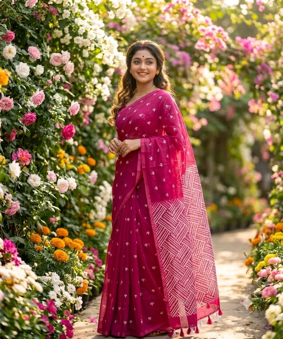 Half Silk Screen Print Saree - Image 5
