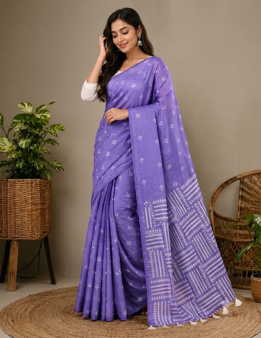 Half Silk Screen Print Saree - Image 3