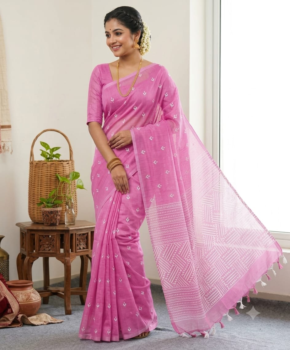 Half Silk Screen Print Saree - Image 4